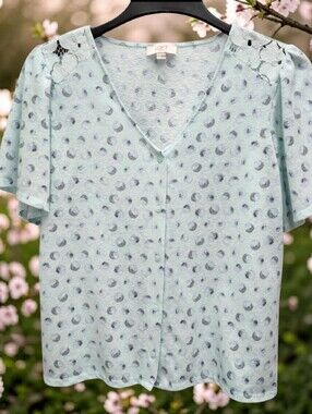 Loft Button Up Top Womens Medium Light Blue Dots Lace on Shoulder Cottagecore